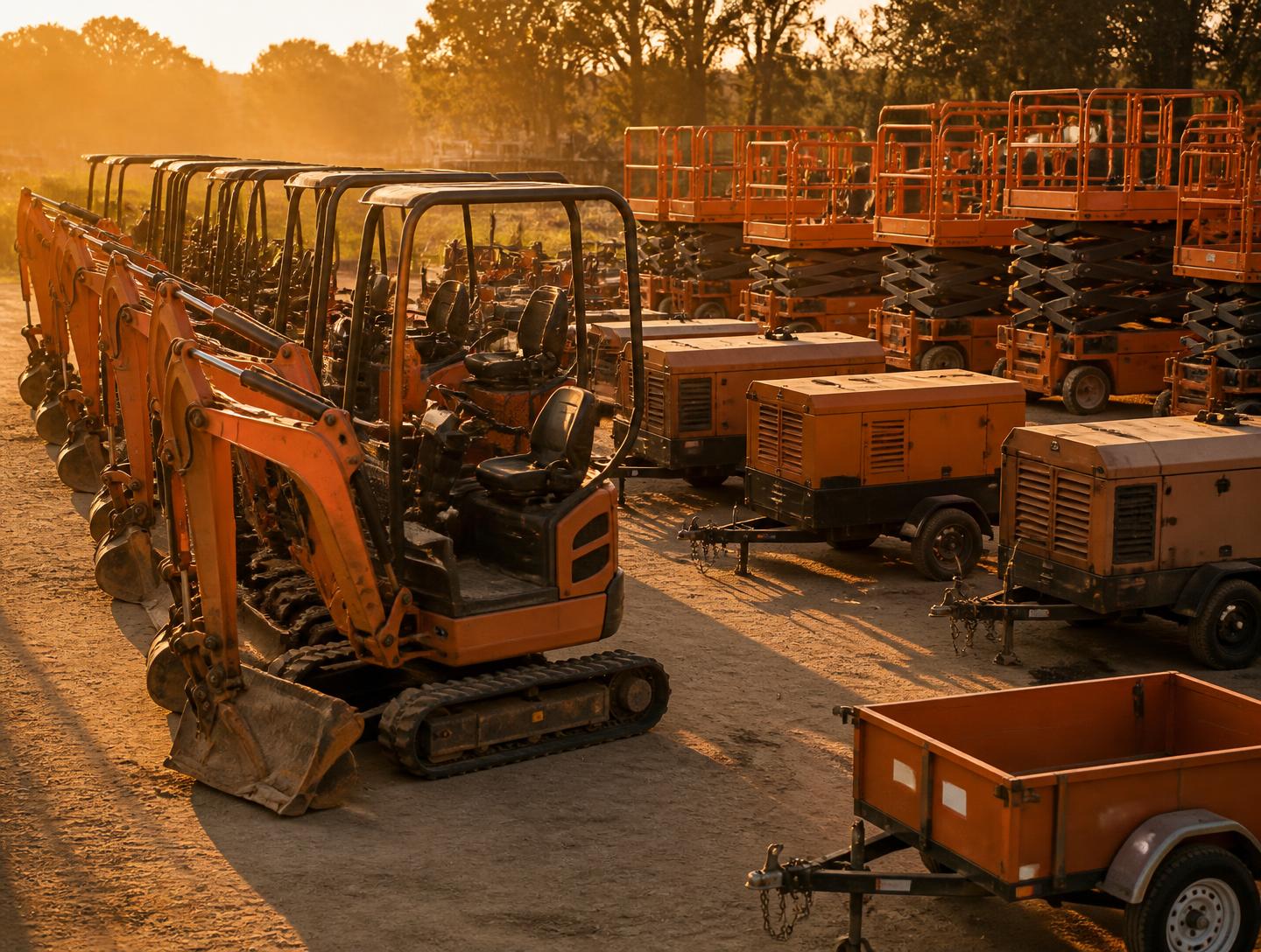 Badger Rental LLC equipment yard with excavators, lifts, and towable generators at sunset